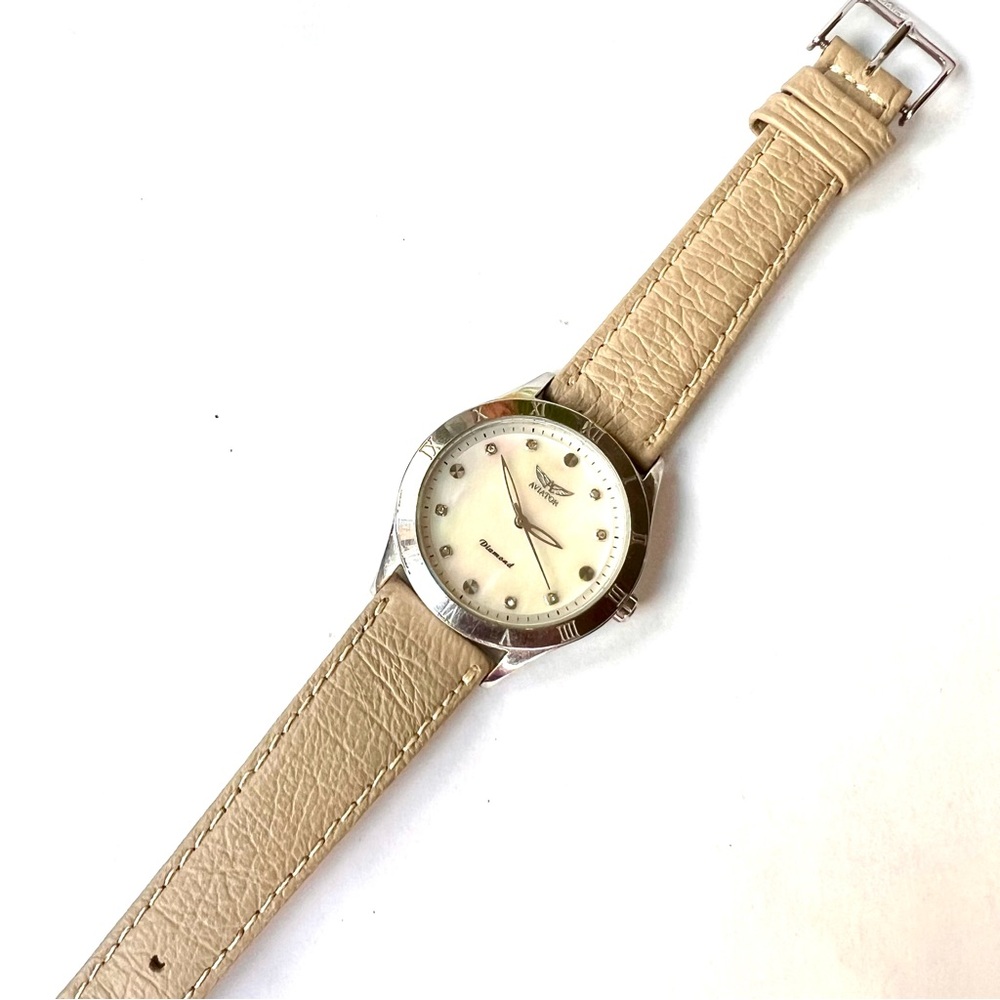 AVIATOR Diamond MOP Dial Quartz 34mm Steel Watch Original Buckle - Picture 4 of 6